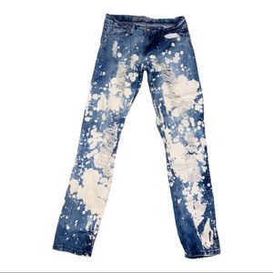 Bleach Splattered Ripped Denim Blue Jeans